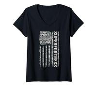 Femme Superfortress Drapeau américain Camouflage Militaire B29 T-Shirt avec Col en V