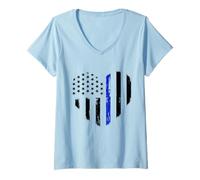 Femme Support de Policier du Drapeau de Coeur Bleu Mince T-Shirt avec Col en V