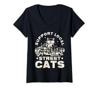 Femme Support Local Street Cats Funny Raton laveur Opossum Cat T-Shirt avec Col en V
