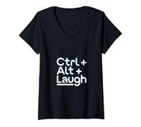 Femme Support Technique « Ctrl+Alt+Rire » Humour Support Informatique T-Shirt avec Col en V