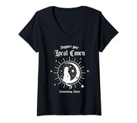 Femme Support Your Local Coven - Citation de Witchy Witch Cat Graphic T-Shirt avec Col en V