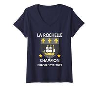 Femme Supporter La Rochelle Rugby Hommage Coupe d'europe 2022-2023 T-Shirt avec Col en V, Bleu Marine, L