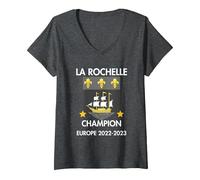 Femme Supporter La Rochelle Rugby Hommage Coupe d'europe 2022-2023 T-Shirt avec Col en V, Chiné Foncé, XL