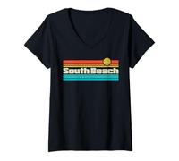 Femme Surf 70s 80s Florida South-Beach Surf T-Shirt avec Col en V