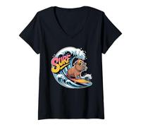 Femme Surf Capybara Funny Beach Retro Summer Wave T-Shirt avec Col en V