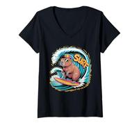 Femme Surf Capybara Funny Retro Beach Summer Vibes T-Shirt avec Col en V