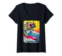 Femme Surf Hyène équitation Ocean Wave Surfer Animal Coucher de Soleil Plage T-Shirt avec Col en V
