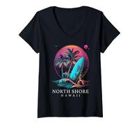 Femme Surf North Shore Hawaii Surfer Oahu Retro Wave Surf T-Shirt avec Col en V