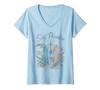 Femme Surf Paradise Ride The Wave 3 Planches de Surf Tortue de mer T-Shirt avec Col en V