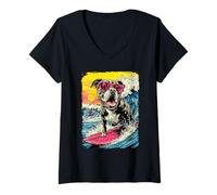 Femme Surf Pit Bull Riding Wave Dog Surfer Sunset Beach T-Shirt avec Col en V