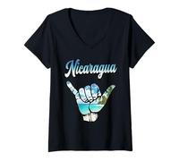 Femme Surf Shaka Hand sur la Plage Tropicale du Nicaragua T-Shirt avec Col en V