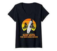 Femme Surf Until The Sun Goes Down Sunset Planche de Surf Art T-Shirt avec Col en V