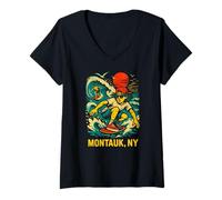 Femme Surfer Montauk NY Vintage Coastal Living pour Hommes T-Shirt avec Col en V