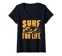 Femme Surfer pour la Vie Vague océan Planche côtière T-Shirt avec Col en V