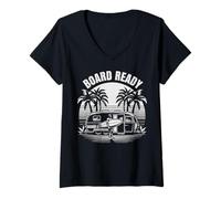 Femme Surfers. Palmiers. Plage. Camping. Board prêt. T-Shirt avec Col en V