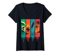 Femme Surfeur Vague Palmiers Coucher de Soleil Style Rétro Coloré T-Shirt avec Col en V