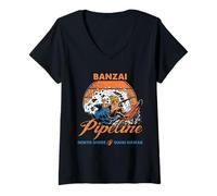 Femme Surfing Banzai Pipeline North Shore Oahu Hawaii Vintage Art T-Shirt avec Col en V