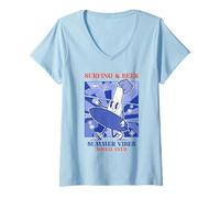 Femme Surfing & Beer Summer Vibes Social Club (graphisme rétro) T-Shirt avec Col en V