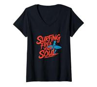 Femme Surfing Free Your Soul, amateur de surf rétro et amusant T-Shirt avec Col en V