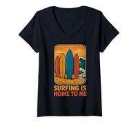 Femme Surfing is Home to Me Planches de Surf Ocean T-Shirt avec Col en V