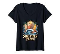 Femme Surfrider Beach Malibu California Art for the Surf T-Shirt avec Col en V