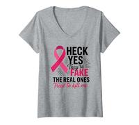 Femme Survivant de Mastectomie avec Ruban Rose pour Lutte Contre Le Cancer du Sein T-Shirt avec Col en V