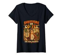 Femme Survivre au Café Teacher Mom Force Retro T-Shirt avec Col en V