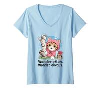 Femme Sweat à capuche rose mignon chaton forêt avec bouleau et pomme T-Shirt avec Col en V