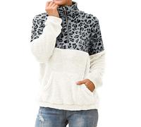 Femme Sweat Demi-zip Manche Longue Automne Sweat Femme Sans Capuche À Col Rond Imprimés Léopard Pulls Velours Double Face Leger Décontractés Pulls Sans Capuche Les Cent Tendance Doux Sweatshirt Top