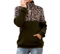 Femme Sweat Demi-zip Manche Longue Automne Sweat Femme Sans Capuche À Col Rond Imprimés Léopard Pulls Velours Double Face Leger Décontractés Pulls Sans Capuche Les Cent Tendance Doux Sweatshirt Top
