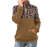 Femme Sweat Demi-zip Manche Longue Automne Sweat Femme Sans Capuche À Col Rond Imprimés Léopard Pulls Velours Double Face Leger Décontractés Pulls Sans Capuche Les Cent Tendance Doux Sweatshirt Top