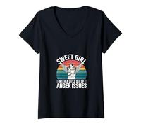 Femme Sweet Girl with A Little Bit of Anger Issues - T-Shirt avec Col en V