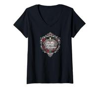Femme Sweetly Macabre Gothic Skull Bat Roses Floral Heart Design T-Shirt avec Col en V