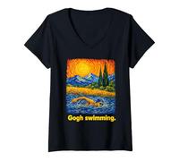 Femme Swimmer Impressionist Style Landscape Art T-Shirt avec Col en V