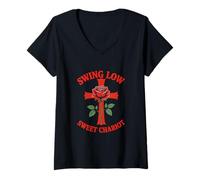Femme Swing Low Sweet Chariot Croix et Rose T-Shirt avec Col en V