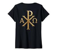 Femme Symbole chrétien: Chi Rho - Alpha Omega - Jésus-Christ T-Shirt avec Col en V