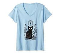 Femme Symbole de Sorcellerie Occulte Chat Art païen Mystique T-Shirt avec Col en V