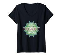 Femme Symbole du Chakra en Forme de cœur | Motif Mandala Vert et Rose T-Shirt avec Col en V