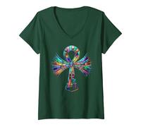 Femme Symbole Egypte Ankh Clé de Vie en Vitrail Art Style T-Shirt avec Col en V, Vert Forêt, XL