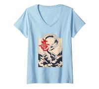 Femme Symbole esthétique Japonais du Dragon Kanji Japon T-Shirt avec Col en V, Bleu Céleste, L
