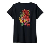 Femme Symbole Japonais de Tigre et de la Nature Kanji (Art Back) T-Shirt avec Col en V