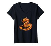 Femme Symbole Traditionnel Chinois du Dragon d'Asie de l'est T-Shirt avec Col en V