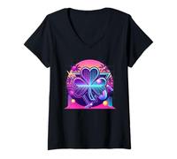 Femme Synthwave Trèfle à Quatre Feuilles rétro années 80 T-Shirt avec Col en V