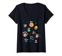Femme Système Solaire Connaissance Planètes Espace Science Enfants T-Shirt avec Col en V