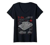 Femme T-34 Char soviétique, Dessin Technique de l'histoire de la Seconde Guerre Mondiale T-Shirt avec Col en V