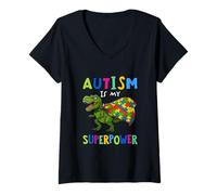 Femme T-Rex Dino Portant Un Puzzle coloré Cape Autisme Superpower T-Shirt avec Col en V