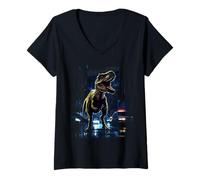 Femme T-Rex Dinosaur Roaring City at Night Graphic Design Japanese T-Shirt avec Col en V