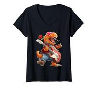 Femme T-Rex Guitariste Jouant de la Guitare Saint-Valentin Tyrannosaure T-Shirt avec Col en V