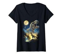 Femme T-Rex Howling to The Moon Meme Funny Dinosaur T-Rex des années 90 T-Shirt avec Col en V