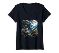 Femme T Rex Moon Lightning Dinosaure Vintage Tempête Art Design T-Shirt avec Col en V